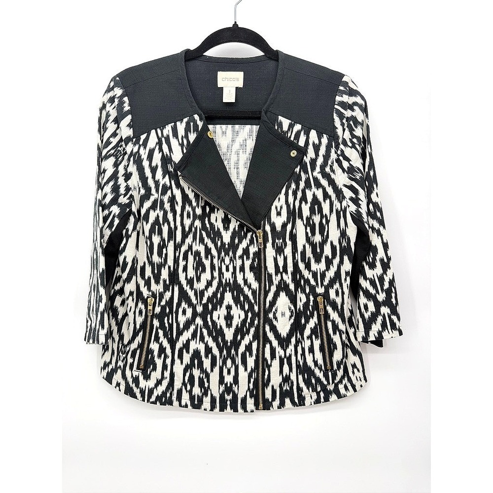 Chicos Moto Jacket Black White Ikat Print Asymmetrical Zip‎ Bold Statement 1/S